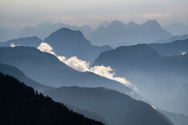 Jaynes Gallery 아티스트의 Europe-Italy-Friuli Venezia Giulia-Foggy Monte Lussari mountain at sunset작품입니다.
